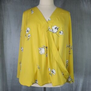 Yellow White Floral Wrap Style Blouse Womens 2X Flare Sleeve Silky Office Career